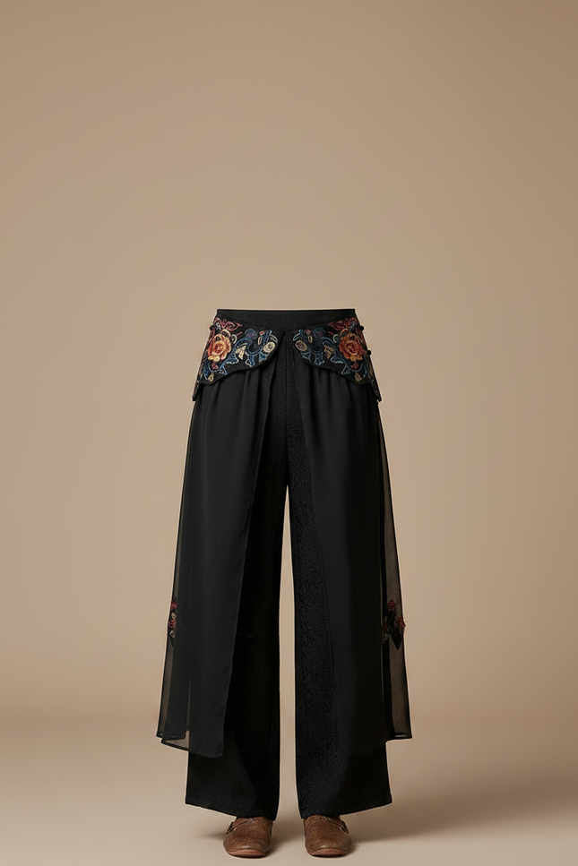 Pantalon Chinois Noir Brodé Floral Ample Fluide - Polyester - vue 3