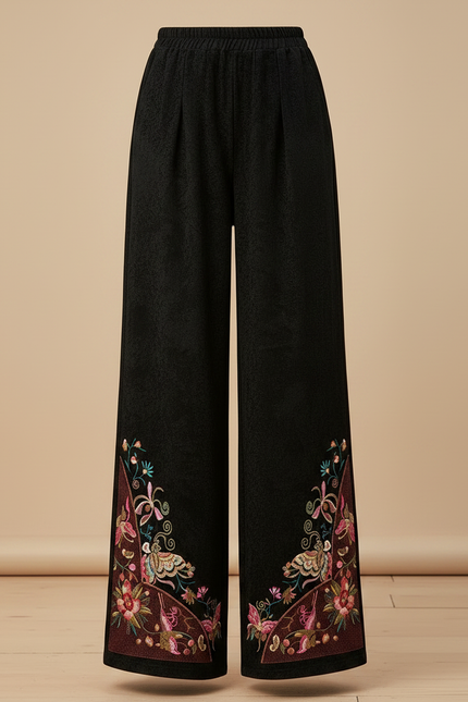 Pantalon Chinois Noir Brodé Ample Élégant Femme - Velours - vue 3