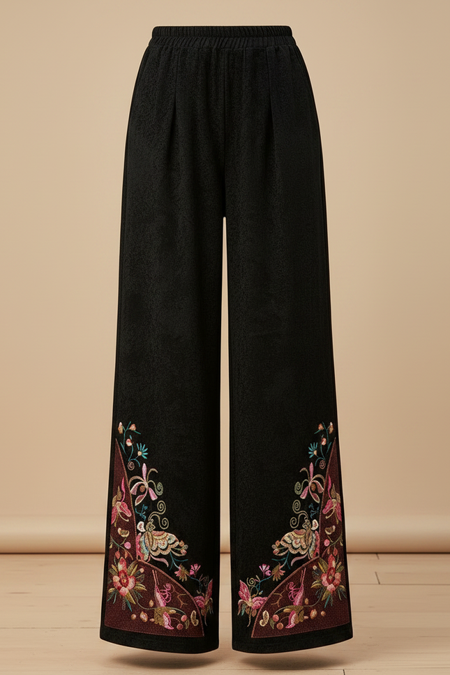 Pantalon Chinois Noir Brodé Ample Élégant Femme - Velours - vue 3