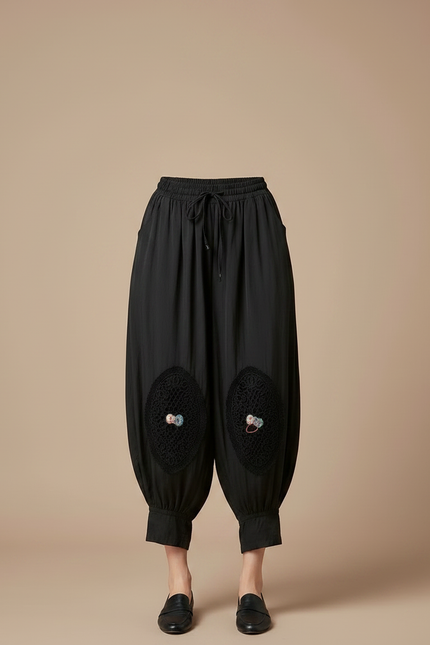 Pantalon Chinois Noir Harem Brodé Coton Ethnique - Viscose - vue 3
