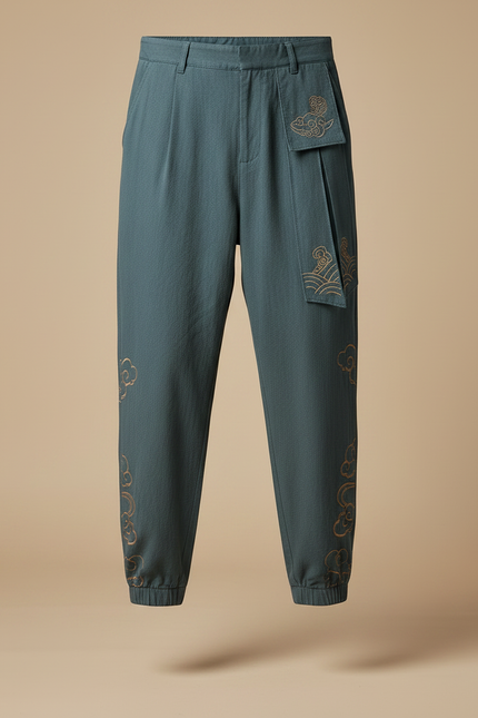 Pantalon Chinois Vert Brodé Nuages Ample Harem Homme - Lin - vue 3