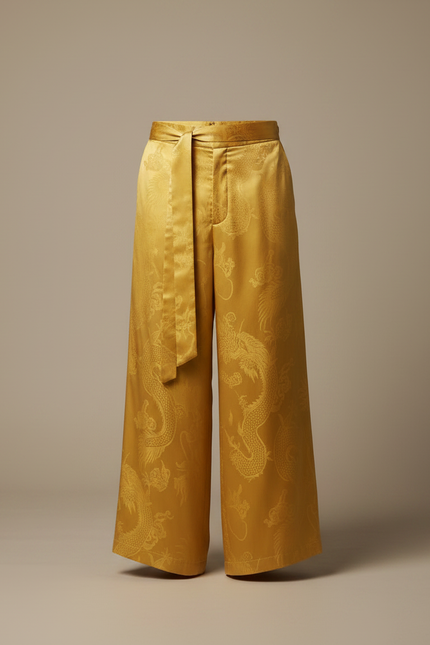 Pantalon Chinois Jaune Soie Jacquard Dragon Ample Homme - Doré - vue 3