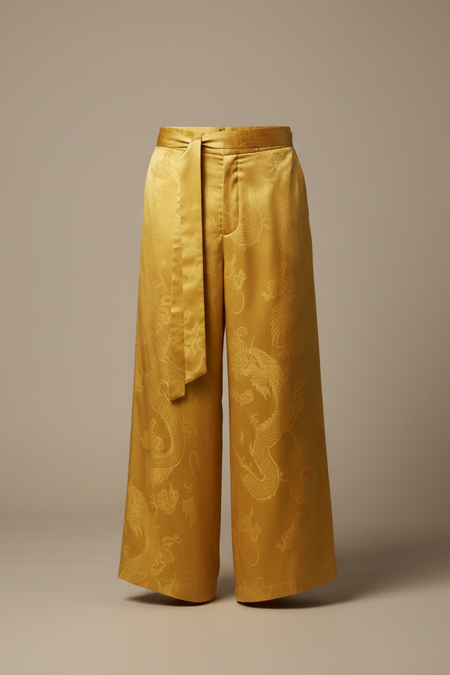 Pantalon Chinois Jaune Soie Jacquard Dragon Ample Homme - Doré - vue 3