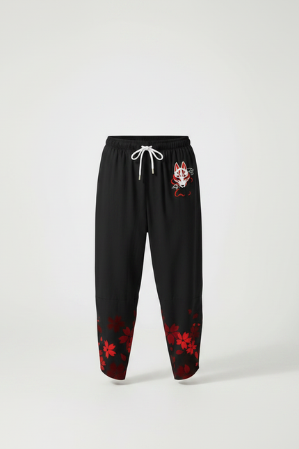 Pantalon Chinois Noir Masque Renard Fleurs Rouges Ample - Coton - vue 3