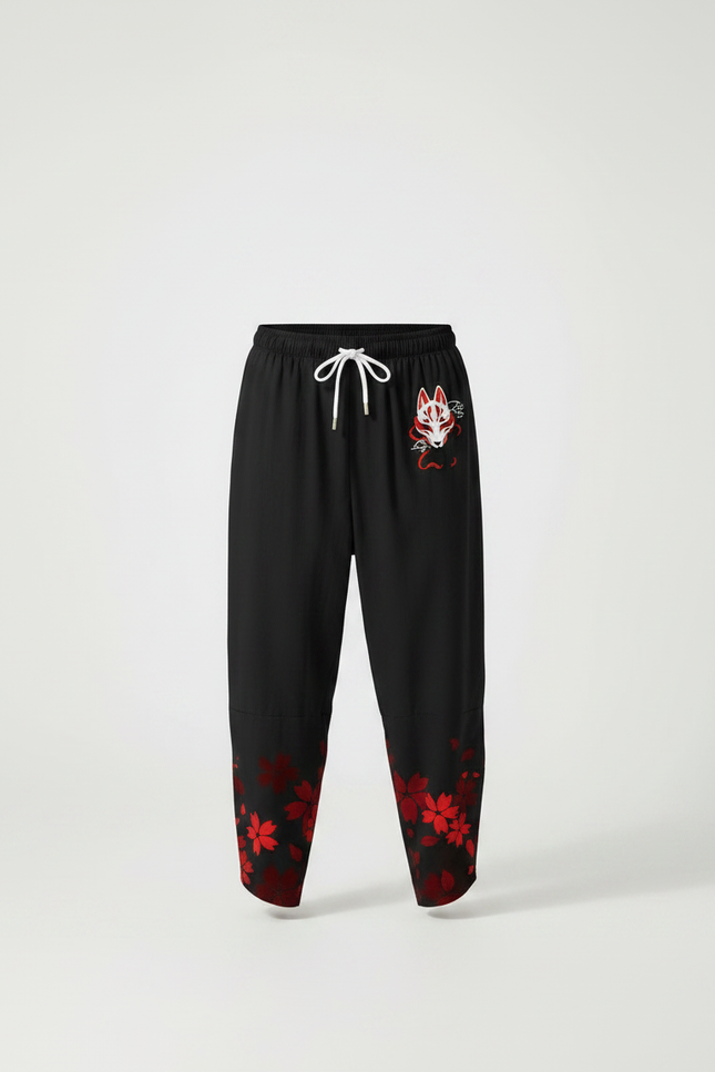 Pantalon Chinois Noir Masque Renard Fleurs Rouges Ample - Coton - vue 3