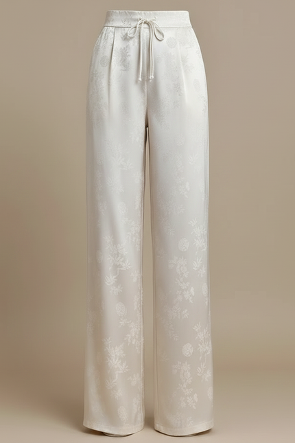 Pantalon Chinois Satiné Jacquard Évasé Taille Haute Femme - Beige - vue 3