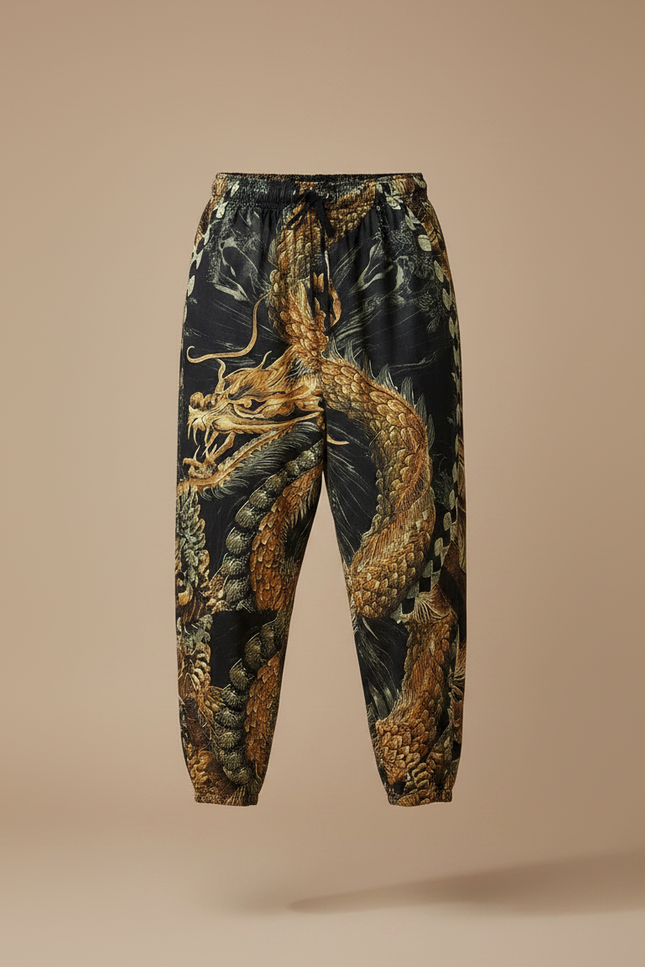 Pantalon Chinois Noir Ample Dragon Doré Imprimé - Viscose - vue 3
