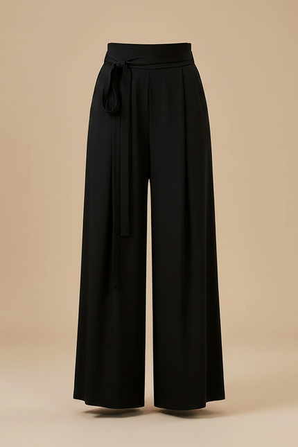 Pantalon Chinois Noir Ample Fluide Ceinturé Élégant - Polyester - vue 3