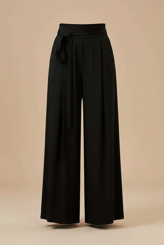 Pantalon Chinois Noir Ample Fluide Ceinturé Élégant - Polyester - vue 3
