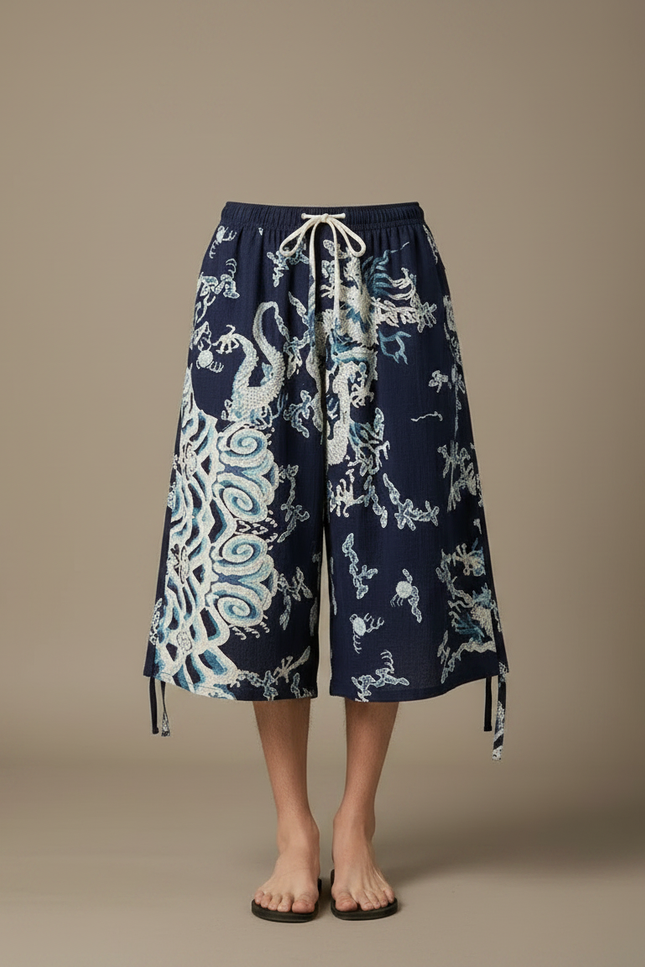 Pantalon Chinois Bleu Marine Ample Dragon Coton Homme - Lin - vue 3