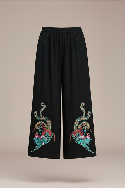 Pantalon Chinois Noir Brodé Ethnique Ample Fluide Femme - Polyester - vue 3