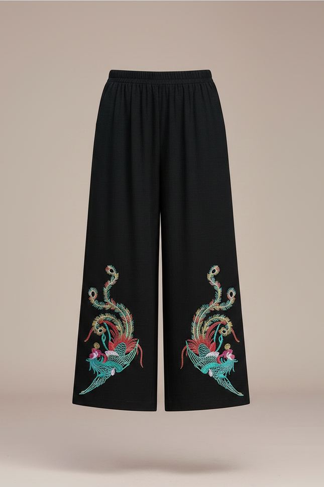 Pantalon Chinois Noir Brodé Ethnique Ample Fluide Femme - Polyester - vue 3