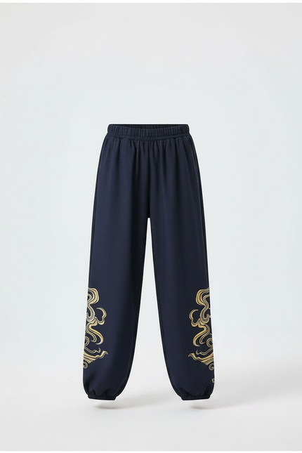 Pantalon Chinois Bleu Marine Ample Brodé Doré - Molleton - vue 3