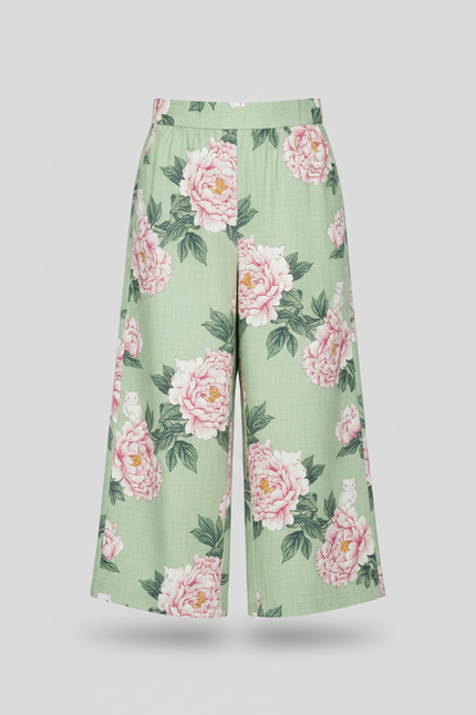 Pantalon Chinois Vert Floral Chat Fille Décontracté - Imprimé Lin - vue 3