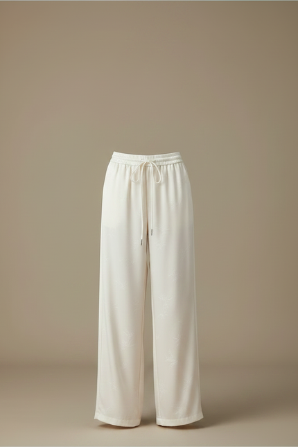 Pantalon Chinois Écru Satin Jacquard Ample Élégant Femme - Blanc - vue 3