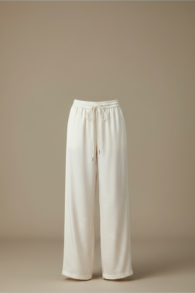 Pantalon Chinois Écru Satin Jacquard Ample Élégant Femme - Blanc - vue 3