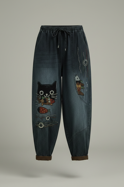 Pantalon Chinois Harem Brodé Chat Poisson Femme - Bleu Jean - vue 3