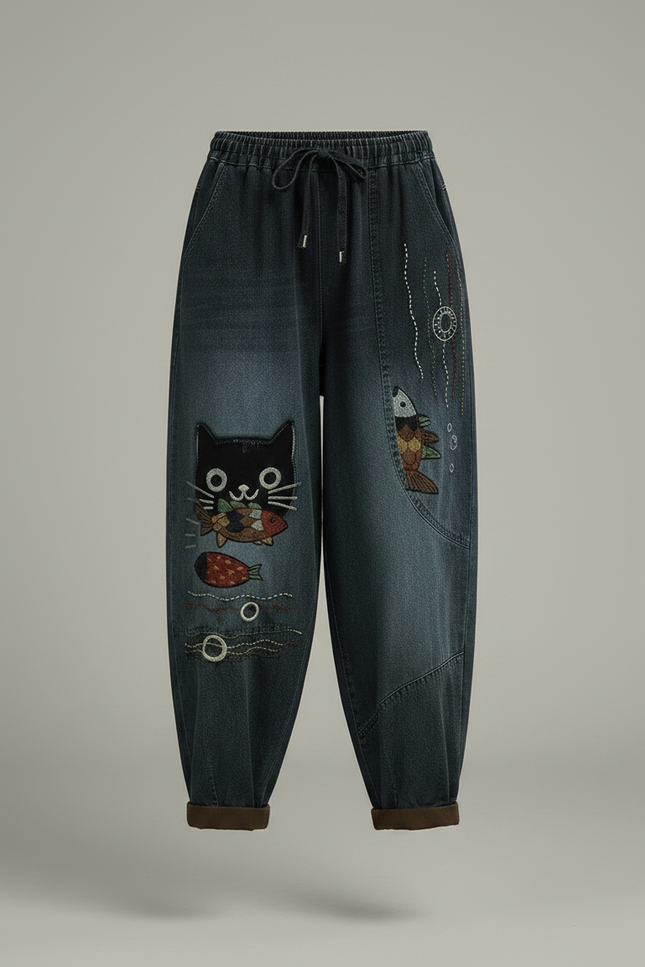 Pantalon Chinois Harem Brodé Chat Poisson Femme - Bleu Jean - vue 3