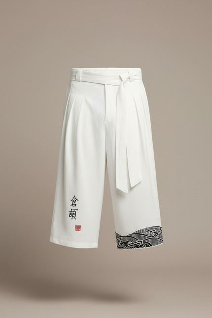 Pantalon Chinois Blanc Ample Coton Brodé Plissé Ceinturé - Lin - vue 3