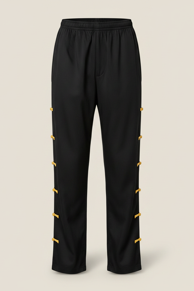 Pantalon Chinois Noir Ample Cordon Jaune Décontracté - Gabardine - vue 3