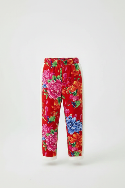 Pantalon Chinois Rouge Floral Matelassé Enfant Doublé - Velours - vue 3