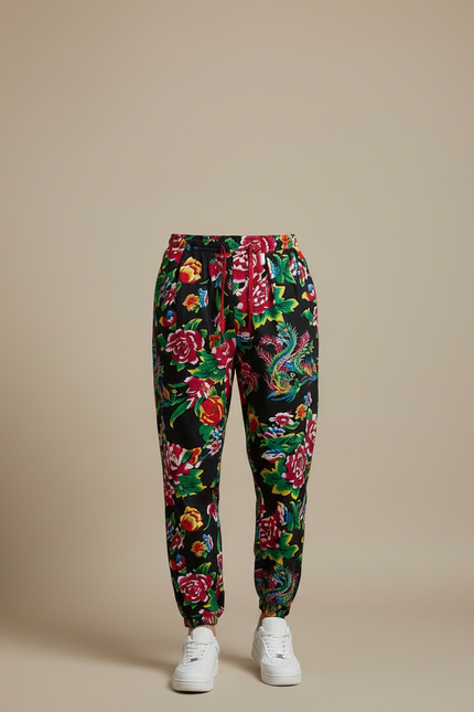 Pantalon Chinois Noir Floral Jogger Harem Homme - Multicolore Viscose - vue 3