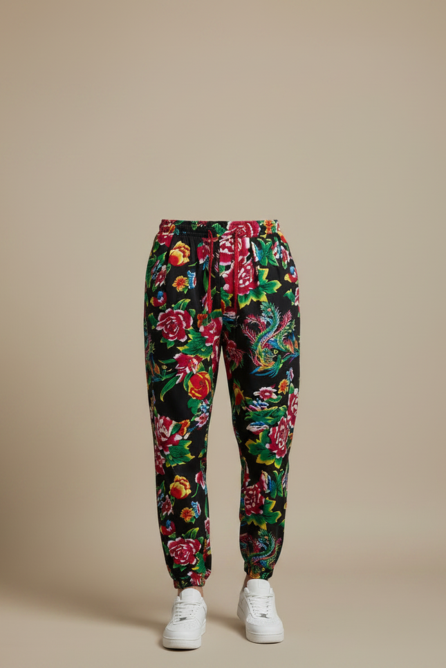 Pantalon Chinois Noir Floral Jogger Harem Homme - Multicolore Viscose - vue 3