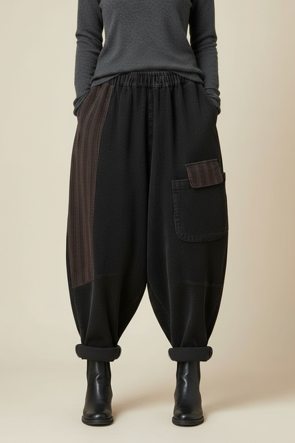 Pantalon Chinois Côtelé Patchwork Ample Harem Noir Marron - Cordé - vue 3