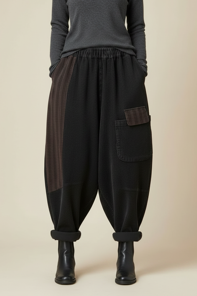 Pantalon Chinois Côtelé Patchwork Ample Harem Noir Marron - Cordé - vue 3