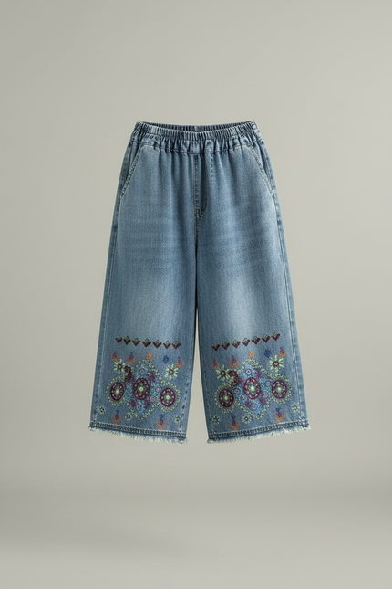 Pantalon Chinois Denim Brodé Ample Décontracté - Bleu Jean - vue 3