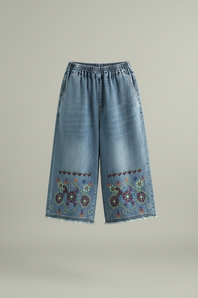 Pantalon Chinois Denim Brodé Ample Décontracté - Bleu Jean - vue 3