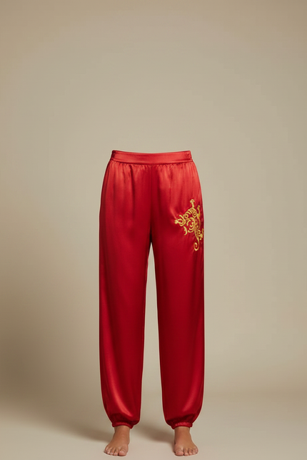 Pantalon Chinois Rouge Satin Dragon Doré Ample - vue 3