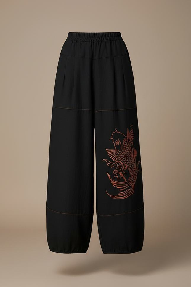 Pantalon Chinois Noir Ample Brodé Carpe Fluide - Viscose - vue 3