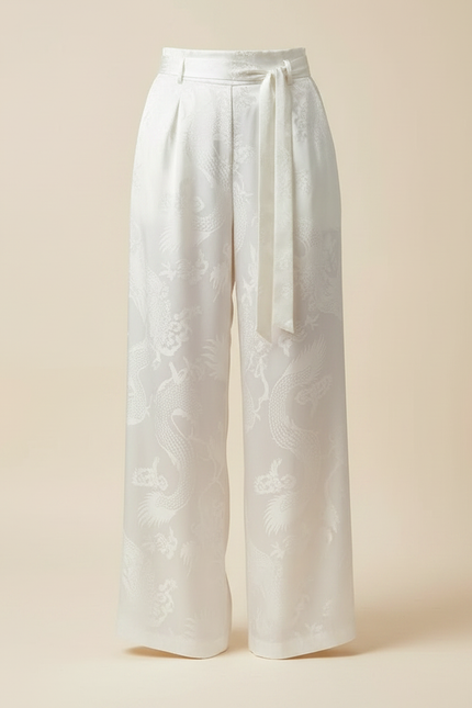 Pantalon Chinois Blanc Jacquard Dragon Ample Élégant - Satin - vue 3