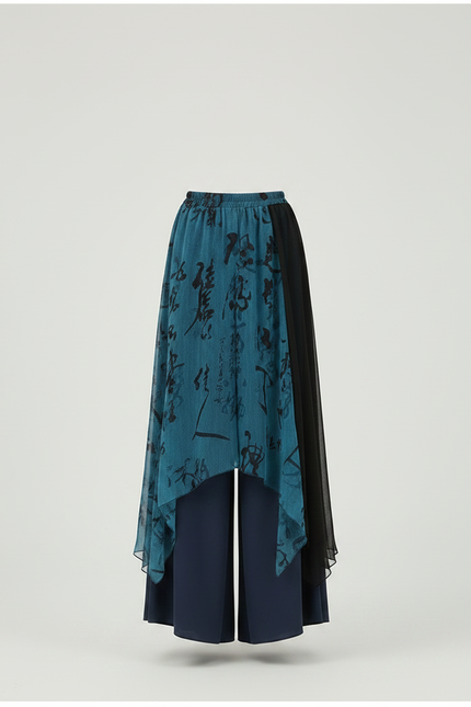 Pantalon Chinois Bleu Gaze Irrégulier Jupe Fluide Femme - Marine Viscose - vue 3