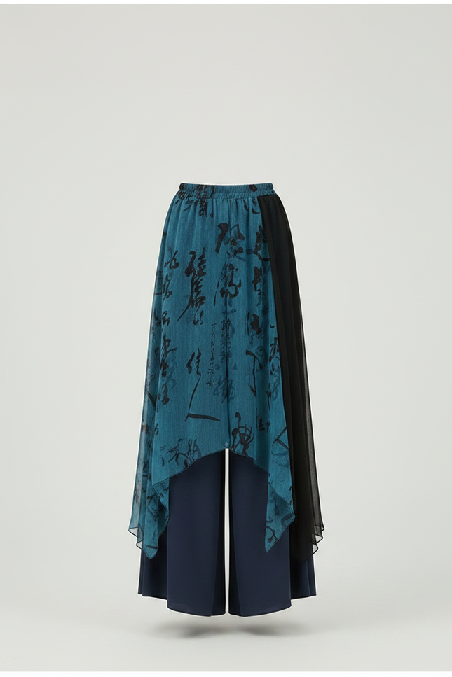 Pantalon Chinois Bleu Gaze Irrégulier Jupe Fluide Femme - Marine Viscose - vue 3