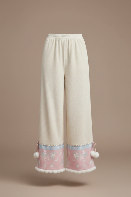 Pantalon Chinois Crème Brodé Pompons Hiver Femme - Beige Maille - vue 3