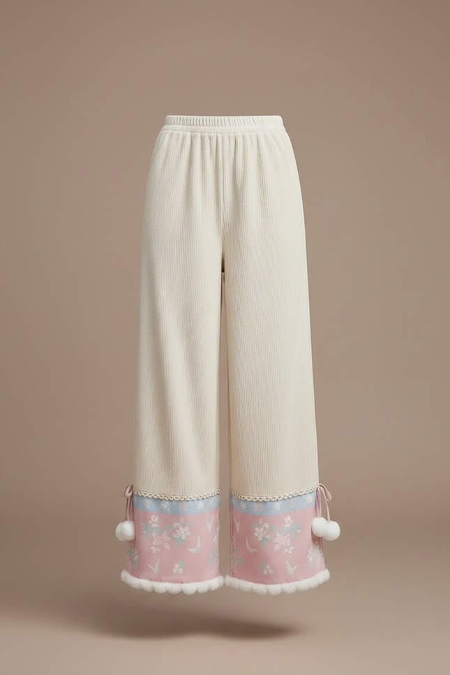 Pantalon Chinois Crème Brodé Pompons Hiver Femme - Beige Maille - vue 3