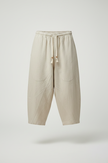 Pantalon Chinois Lin Ample Cordon Beige Décontracté - vue 3