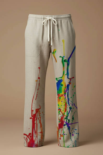 Pantalon Chinois Lin Beige Éclaboussures Peinture Ample - vue 3