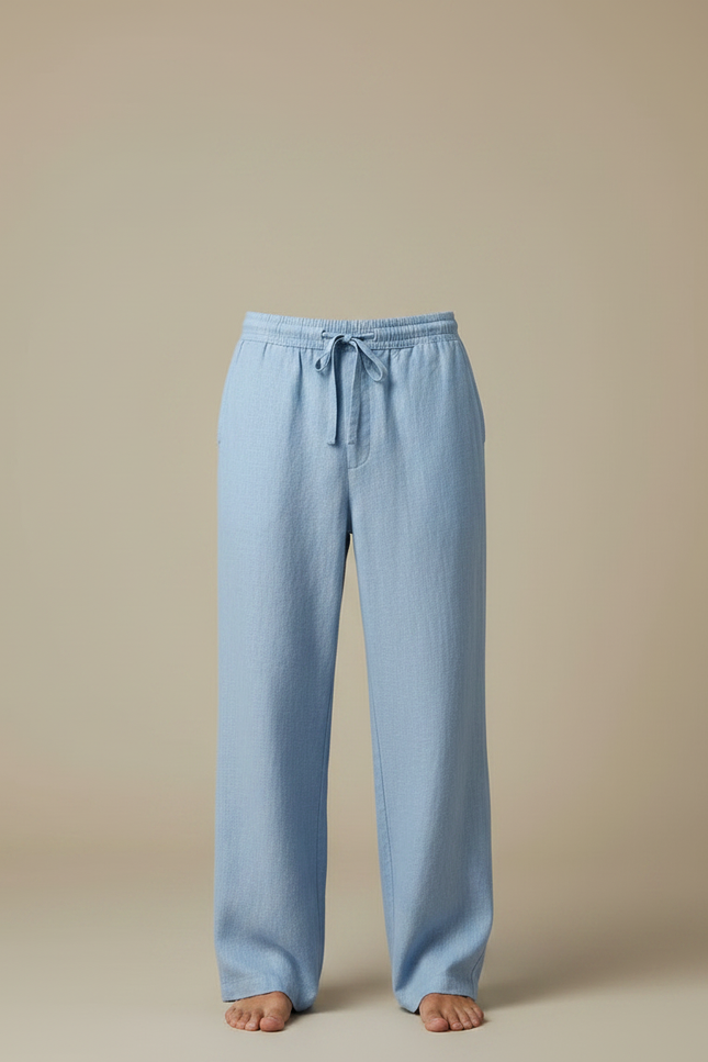 Pantalon Chinois Lin Bleu Ample Cordon Homme - vue 3