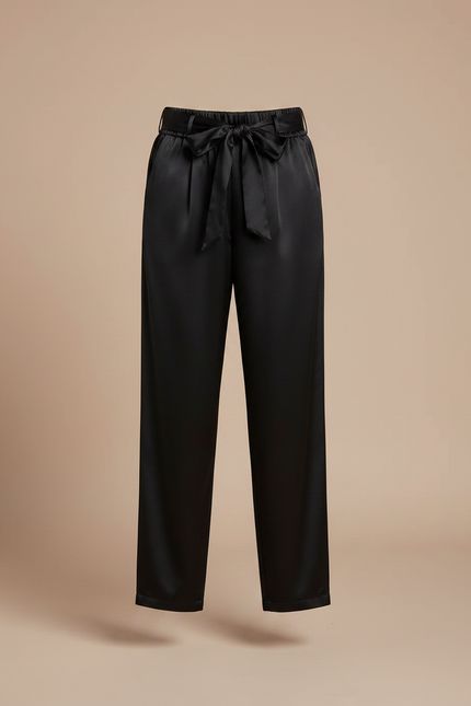 Pantalon Chinois Noir Satiné Ample Ceinturé Élégant - vue 3