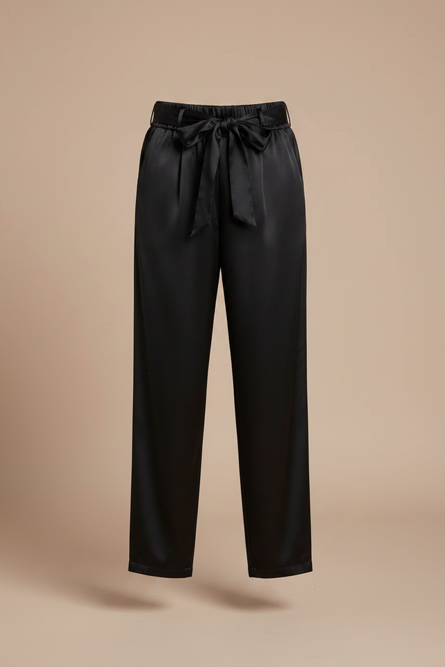 Pantalon Chinois Noir Satiné Ample Ceinturé Élégant - vue 3