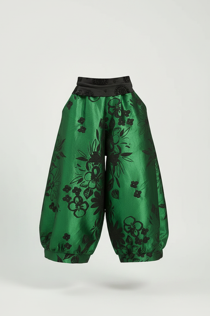 Pantalon Chinois Vert Satin Ample Imprimé Floral Élégant - vue 3