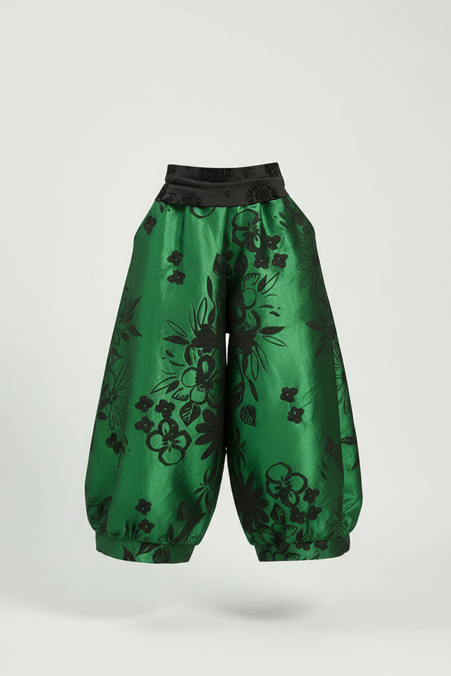 Pantalon Chinois Vert Satin Ample Imprimé Floral Élégant - vue 3