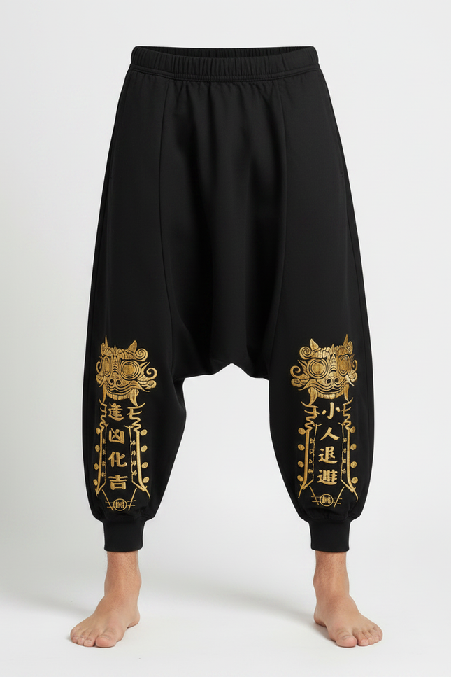 Pantalon Chinois Noir Ample Brodé Doré Sarouel Coton - Molleton - vue 3