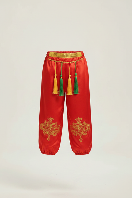 Pantalon Chinois Rouge Satiné Brodé Tassels Enfant - vue 3