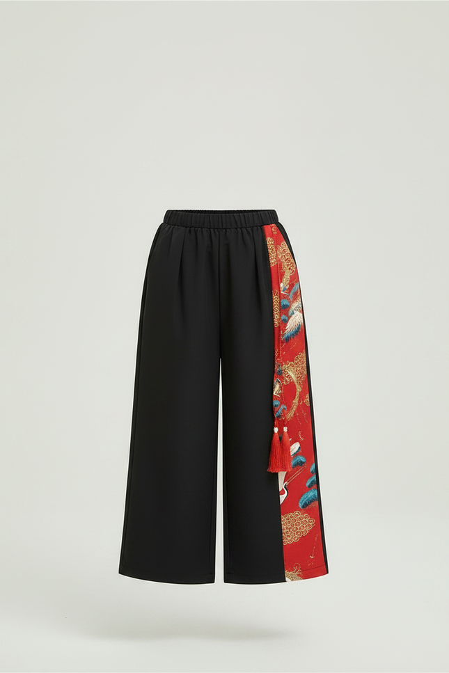 Pantalon Chinois Noir Ample Rouge Motif Traditionnel Fille - Polyester - vue 3