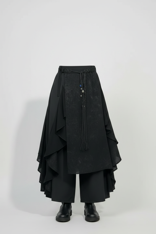 Pantalon Chinois Noir Jupe-Culotte Ample Superposé Homme - Polyester - vue 3