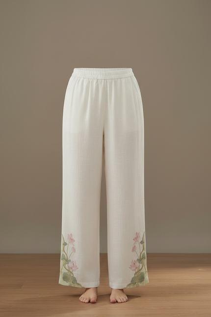 Pantalon Chinois Blanc Ample Lin Brodé Lotus - vue 3
